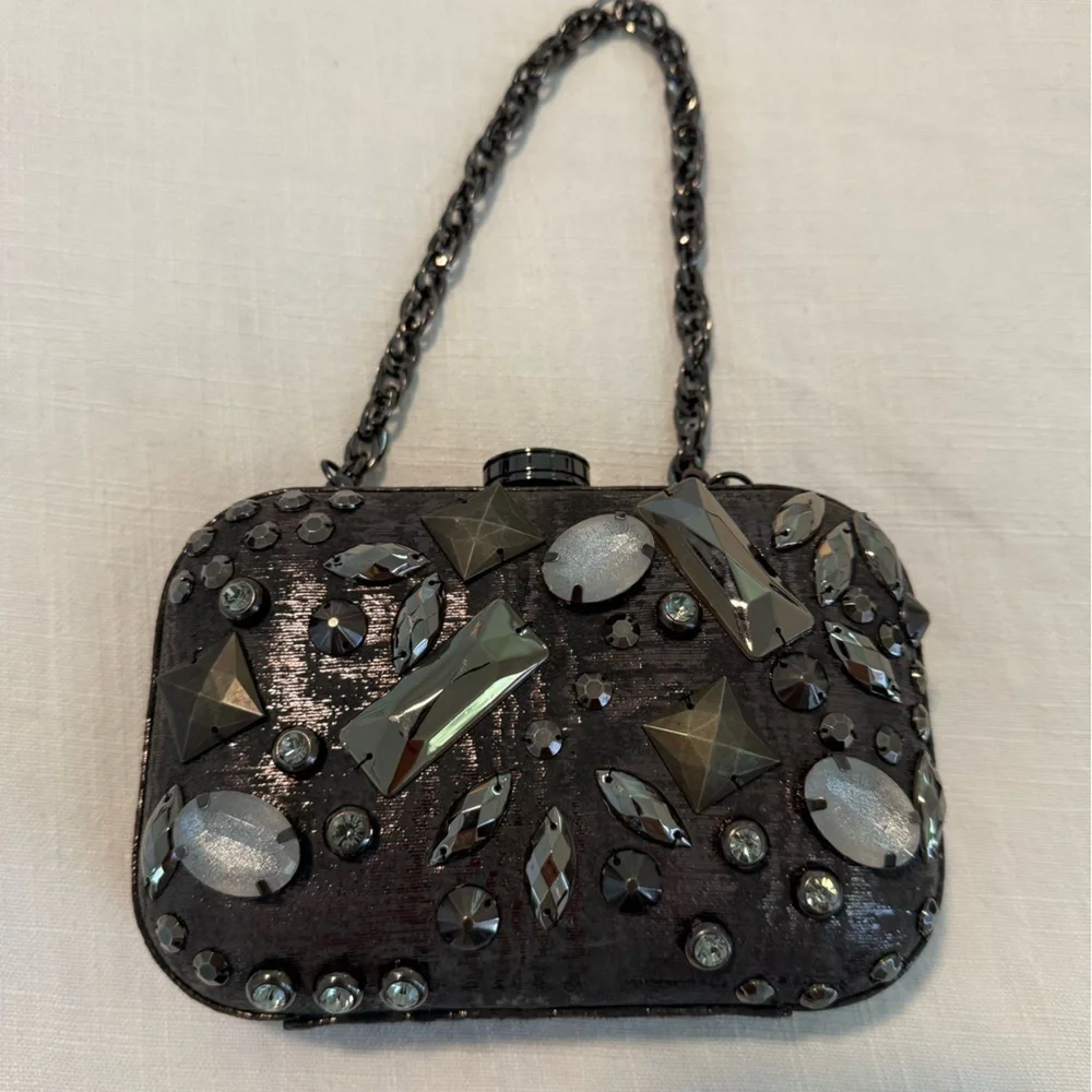 NWOT Rafe New York Minaudière Clutch Purse Graphite Embellished silver black